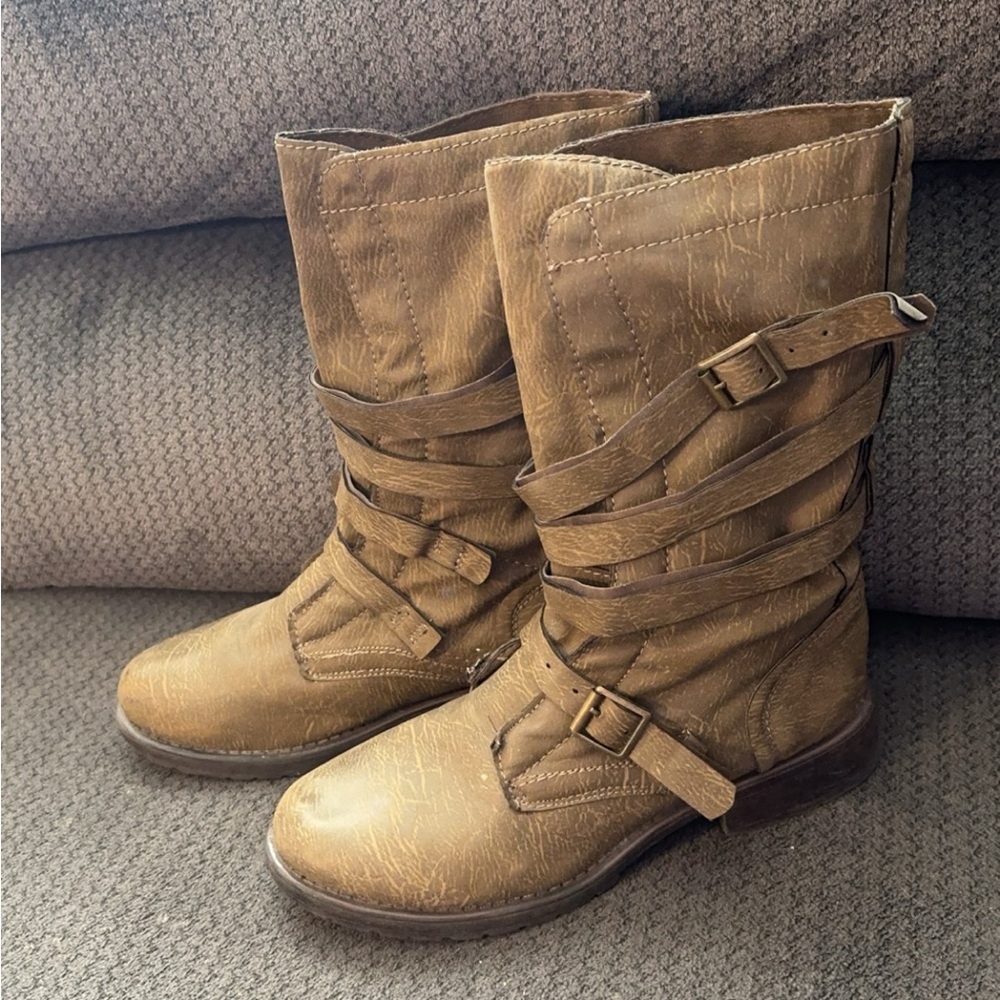 Tan Combat Moto Boots with Suede Finish and Straps